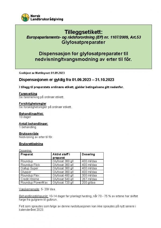 Tilleggsetikett dispensasjon glyfosat i erter til for 2023