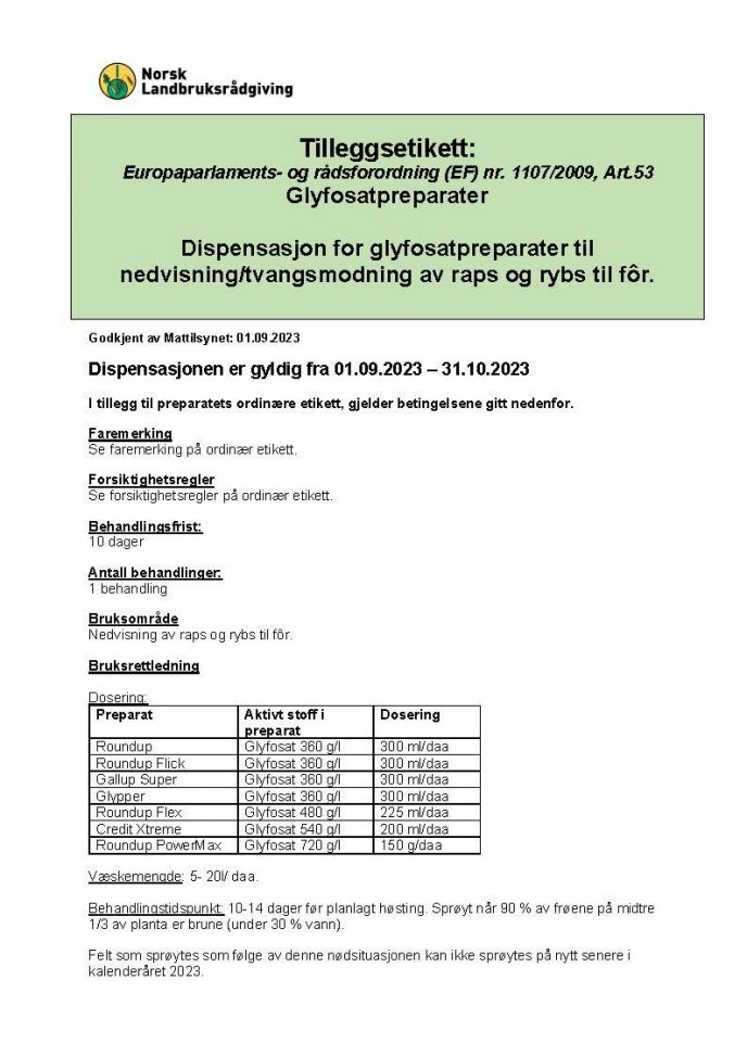 Tilleggsetikett dispensasjon glyfosat raps og rybs til for 2023